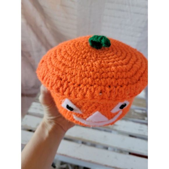 Knit pumpkin handmade tub container bucket fall Halloween home decor - Picture 5 of 6
